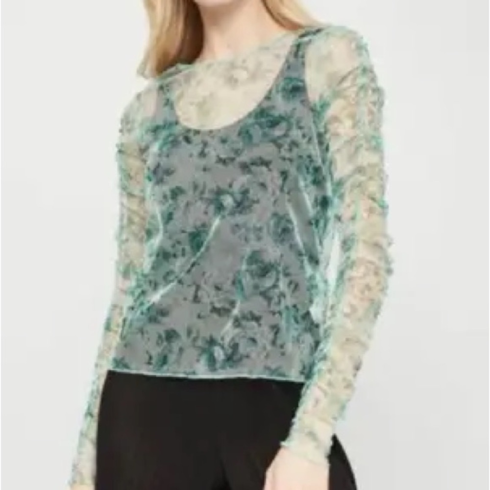 Zara Sheer Floral Blouse - Green and Cream